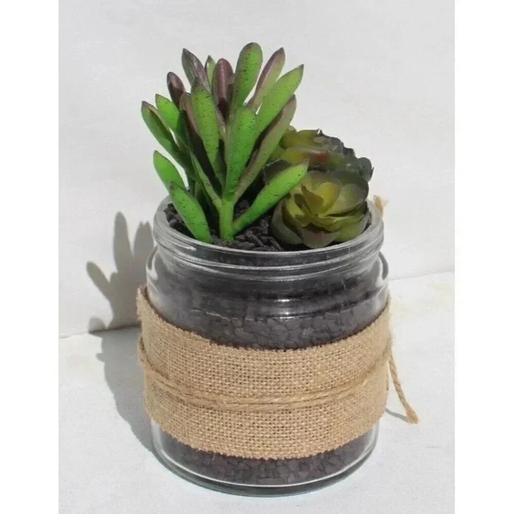 New Country Shabby Chic Farm House Artificial Succulents in Glass Jar W/ Burlap